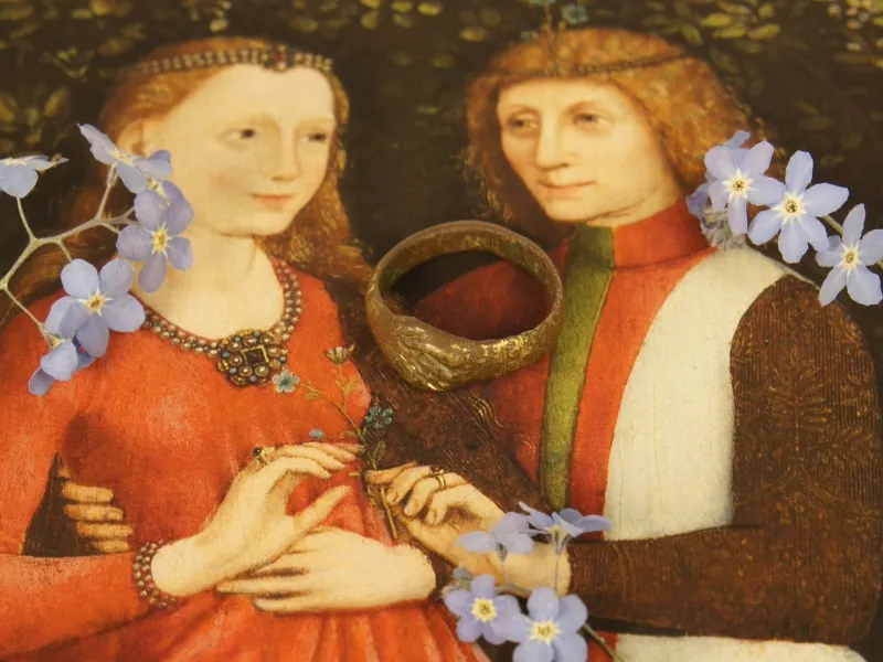 Fede-Ring, Bronze, stilisierte Aufnahme mit mittelalterlichem Gemälde und Blüten